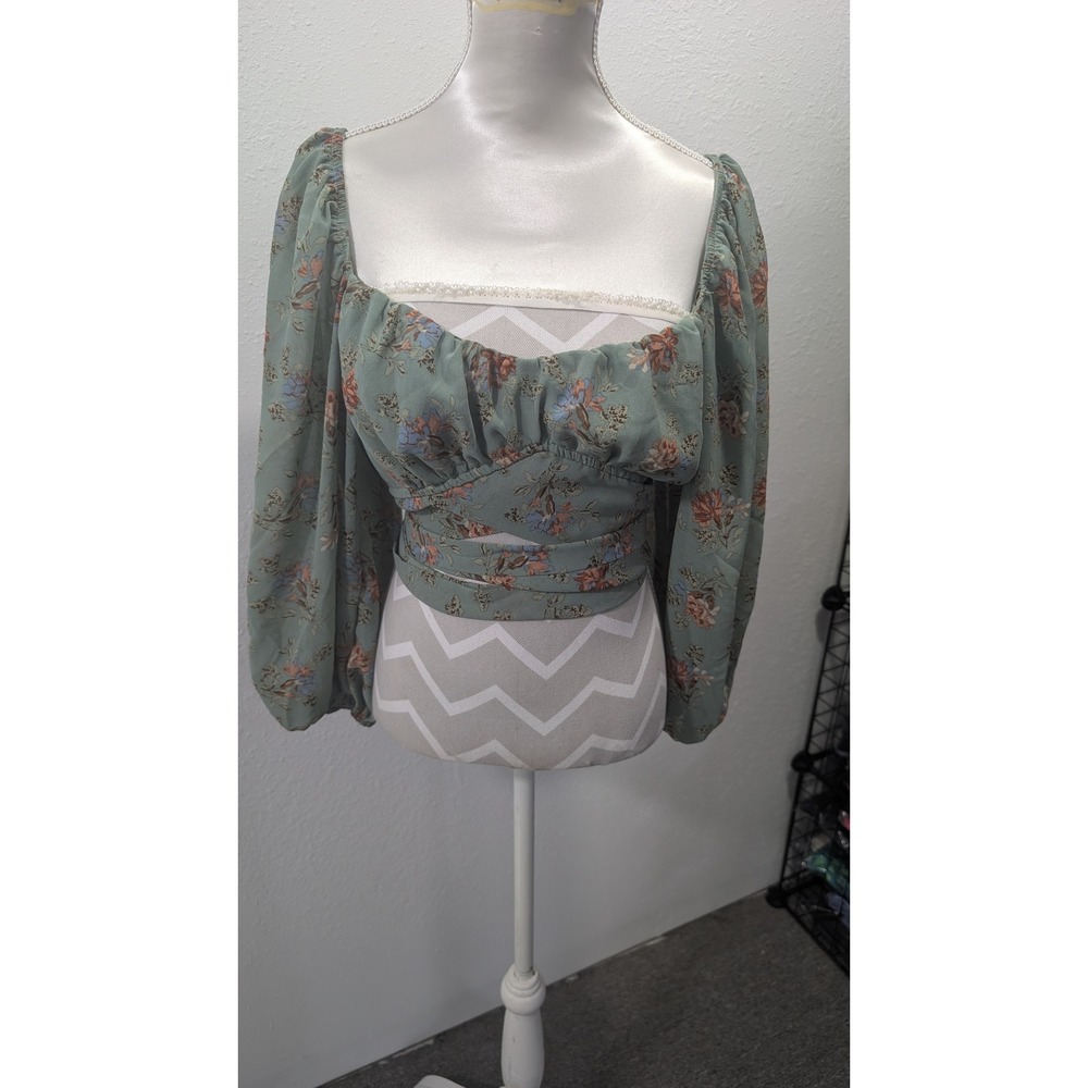 Papaya Sage Green Floral Crop Top Long Balloon Sleeve Wrap Tie‎ Waist Small